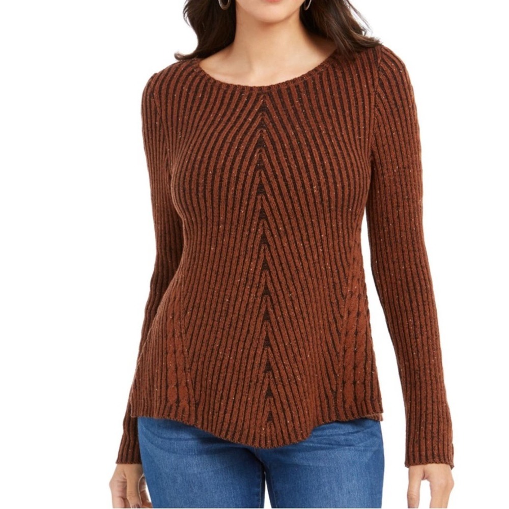Style & Co Women's Brown Speckle Center Seam Ribbed Long Sleeve Sweater sz XS